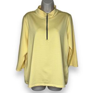 Chicos Zenergy Yellow White Stripe 1/4 Zip Pullover Top Women Size Large 12/14